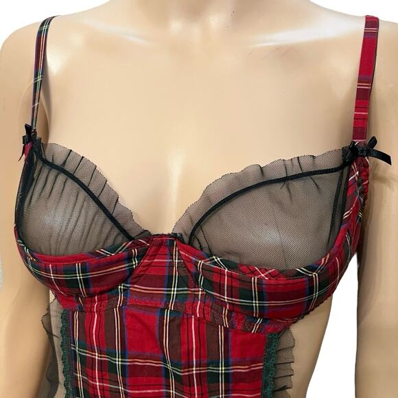 Fredericks Of Hollywood Tartan Plaid Apron Style Nightie Lingerie Medium Ruffle - Picture 2 of 9